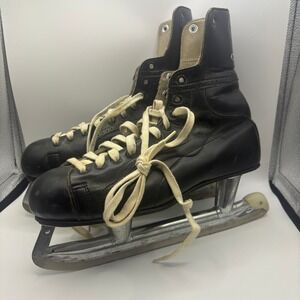 Vintage CCM Pro OK'd Black Leather Ice Skates Mens 7.5 Made Canada Steel Shank